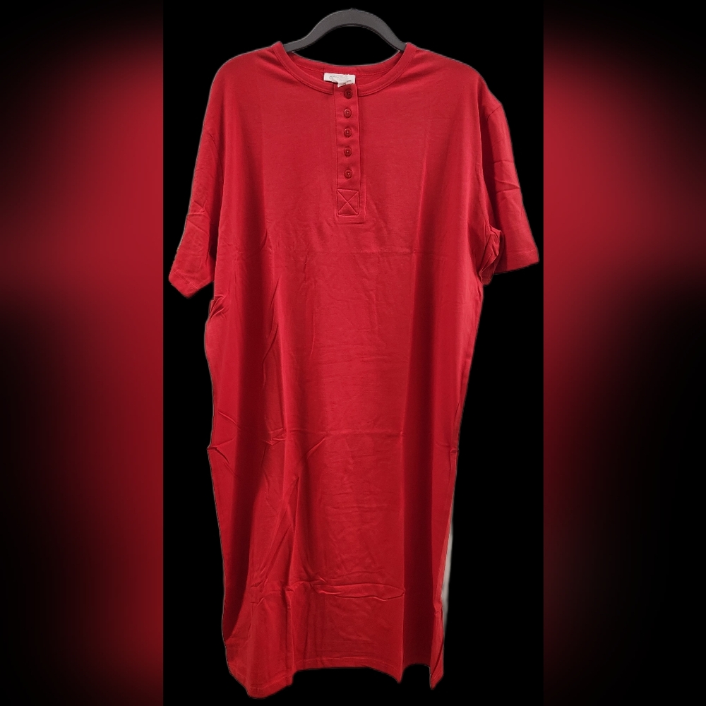 CW Classics Henley Sleep Dress Nightgown Red 5 Button 100% Cotton Large NIP